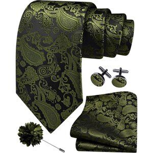 Men's Olive Green Paisley Tie And Lapel Pin Necktie Hankerchief Cufflinks Set